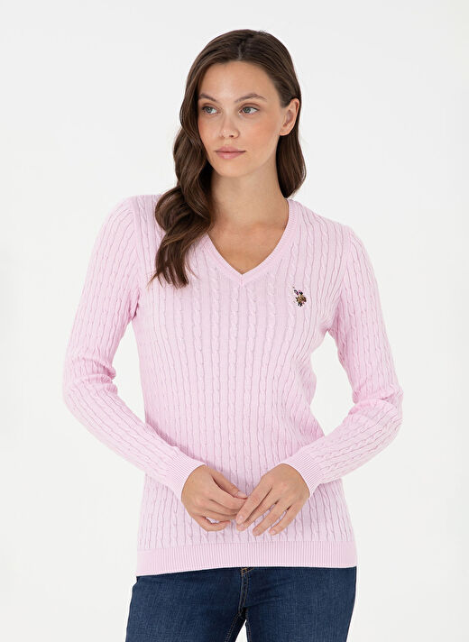U.S. Polo Assn. Pembe Kadın V Slim Fit Kazak TK03-BSK24  1