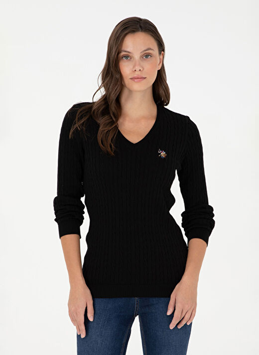U.S. Polo Assn. Siyah Kadın V Slim Fit Kazak TK03-BSK24  1