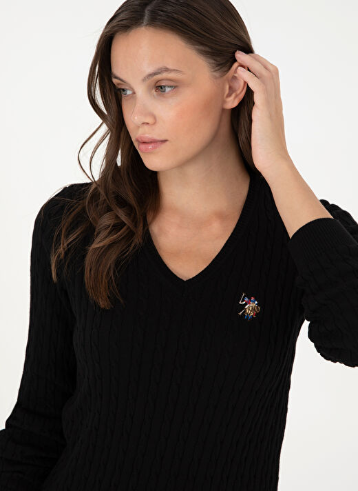 U.S. Polo Assn. Siyah Kadın V Slim Fit Kazak TK03-BSK24  2