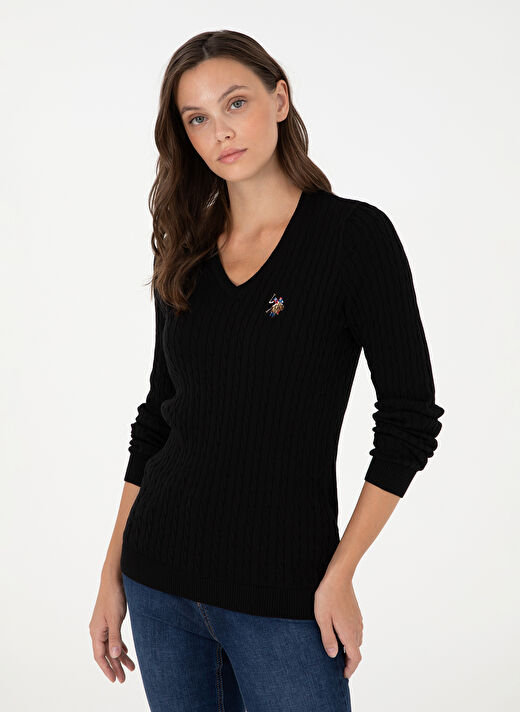 U.S. Polo Assn. Siyah Kadın V Slim Fit Kazak TK03-BSK24  3