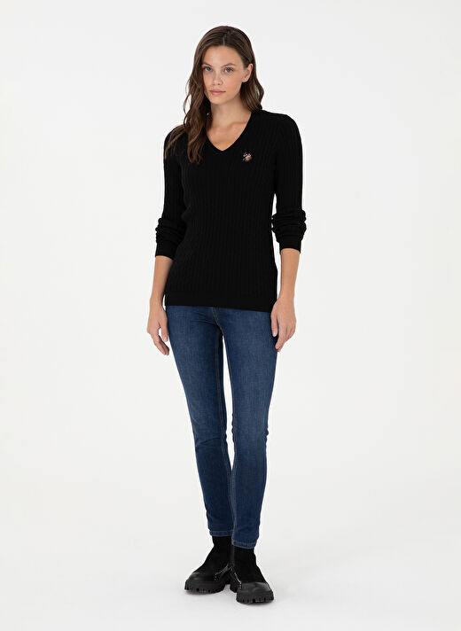 U.S. Polo Assn. Siyah Kadın V Slim Fit Kazak TK03-BSK24  4