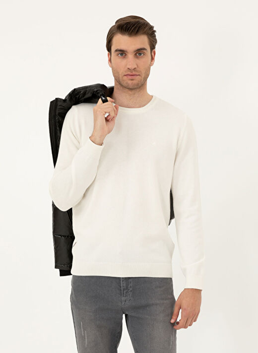 Pierre Cardin Ekru Erkek Bisiklet Slim Fit Düz Kazak BARCELONA TRIKO KAZAK BASIC  1
