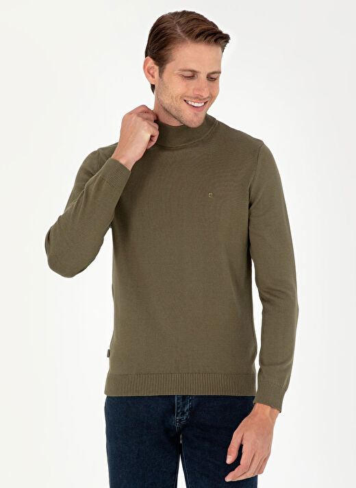 Pierre Cardin Koyu Haki Erkek Yarım Balıkçı Slim Fit Düz Kazak DORTMUND TRIKO KAZAK BASIC  1