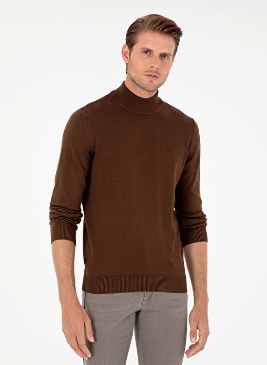 Pierre Cardin Koyu Kahve Erkek Yarım Balıkçı Slim Fit Düz Kazak DORTMUND TRIKO KAZAK BASIC  1