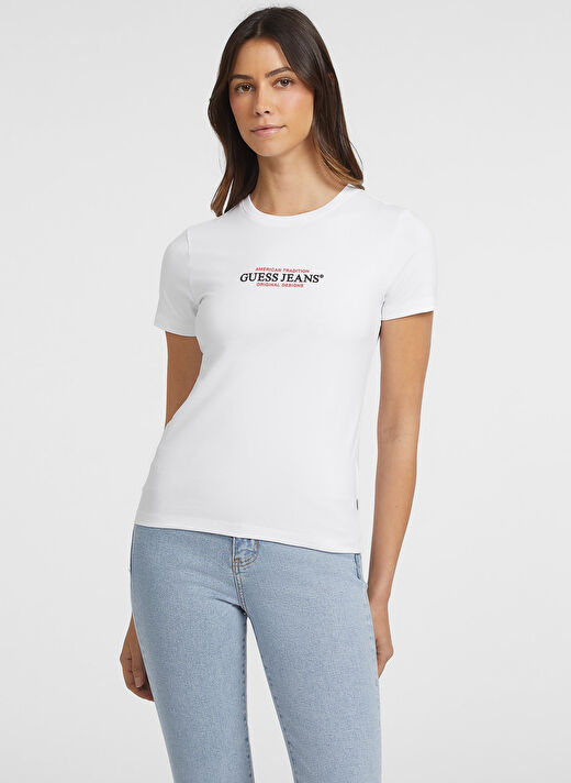 Guess Jeans Beyaz Kadın Normal T-Shirt GJ SS CN SLIM AMERIC - MID ORGANIC  2