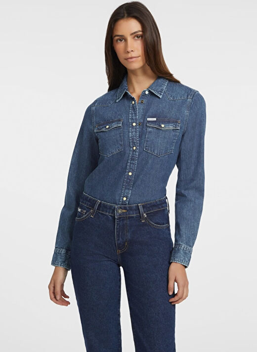 Guess Jeans Mavi Kadın Klasik Normal Gömlek GJ SLIM L/S DENIM SH - ECO RECY CO  2