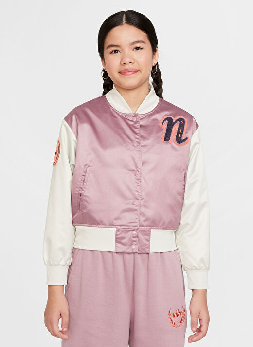 Nike Krem - Mor Kız Çocuk Düz Ceket FZ5563-523-G NSW VARSITY JKT GX STA  2