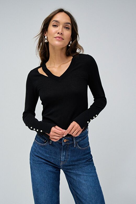 Salsa Jeans Siyah Kadın V Standart Düz Kazak 21008811  3