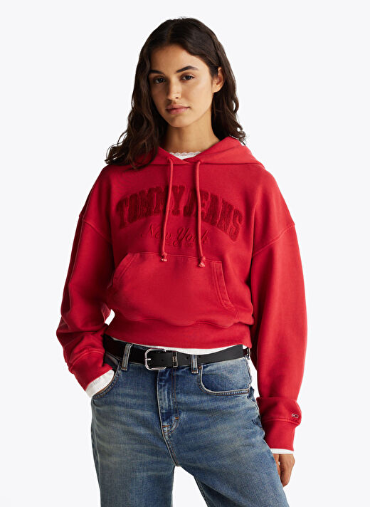 Tommy Jeans Kırmızı Kadın Kapüşonlü Sweatshirt DW0DW19413XME  2