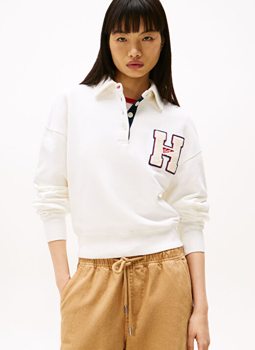 Tommy Jeans Beyaz Kadın Polo Normal Sweatshirt DW0DW20537YAC  2