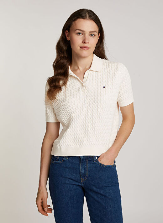 Tommy Hilfiger Bej Kadın Polo Normal Kazak WW0WW439570F5 2