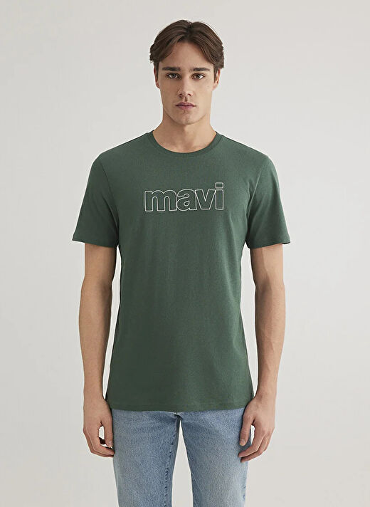 Mavi Yeşil Erkek Bisiklet Yaka Slim Fit Baskılı T-Shirt M065781-81570 2