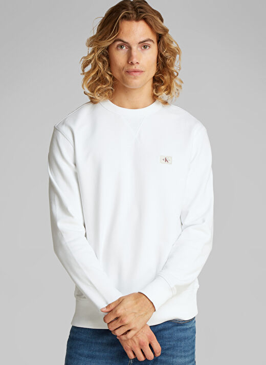 Calvin Klein Jeans Beyaz Erkek Sweatshirt J30J327115YAF WOVEN LABEL CREW NECK 2