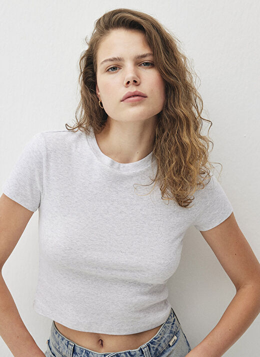 Mavi Gri Melanj Kadın Crop T-Shirt M1600814-85438_YUVARLAK YAKA BASIC  2