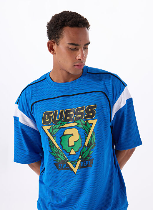 Guess Z5GI14KCR00G7HD BLUFLAX CN T-SHIRT Mavi Yuvarlak Oversized Desenli Erkek T-Shirt 2