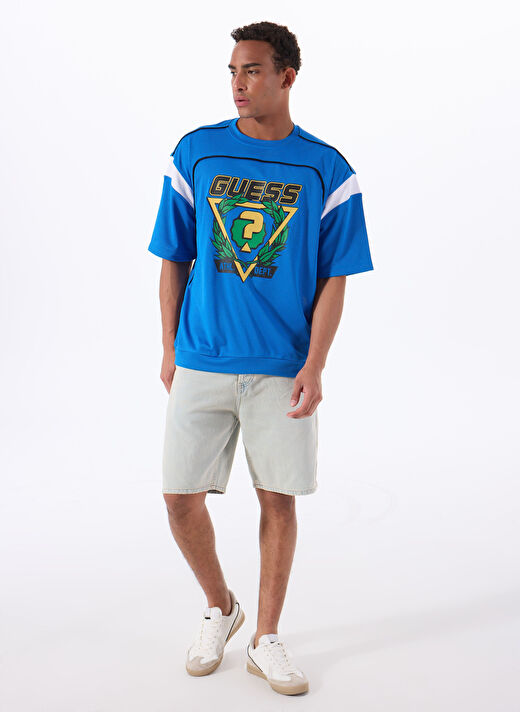 Guess Z5GI14KCR00G7HD BLUFLAX CN T-SHIRT Mavi Yuvarlak Oversized Desenli Erkek T-Shirt 3