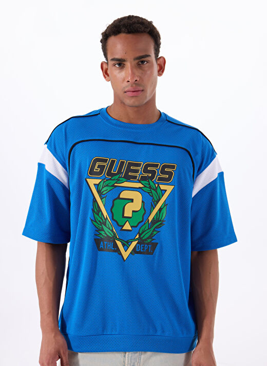 Guess Z5GI14KCR00G7HD BLUFLAX CN T-SHIRT Mavi Yuvarlak Oversized Desenli Erkek T-Shirt 4