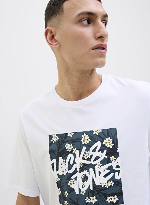 Jack & Jones Beyaz Erkek Standart T-Shirt 12269324_JJHAWAII SHAPE TEE SS CREW 3