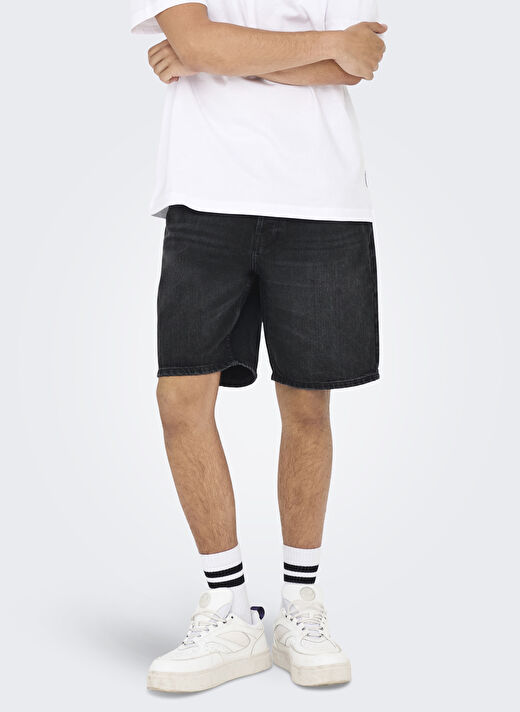 Only & Sons Siyah Erkek Rahat Taşlamalı Denim Şort ONSEDGE BLACK 2047 TAI DNM SHORTS N 2