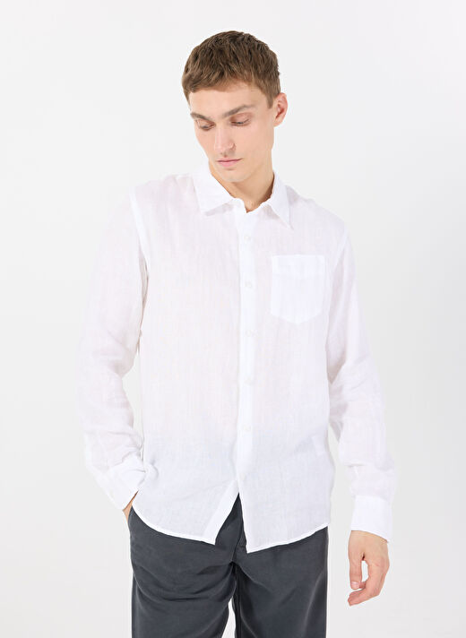 Guess Beyaz Erkek Standart Desenli Gömlek M5GH73WH3J0G011 LS NAPA LINEN SHRT 3
