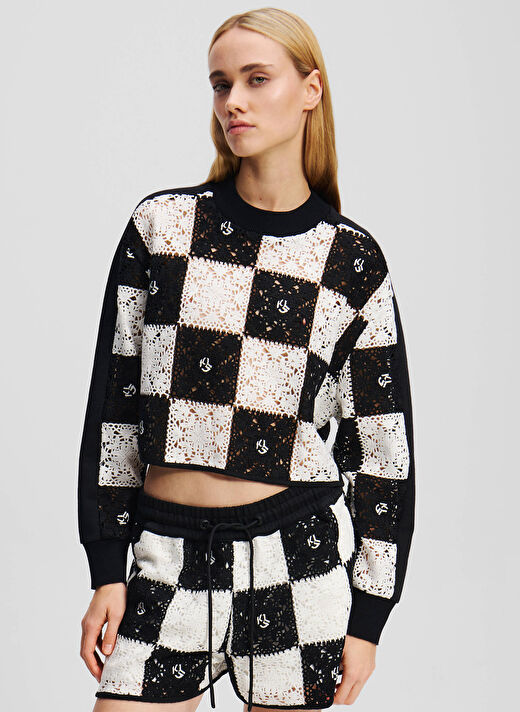 Karl Lagerfeld Jeans Beyaz Kadın Bisiklet Crop Kareli Kazak A2W18030 2