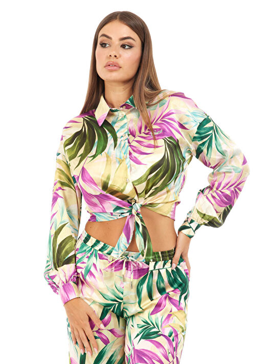 Guess Çok Renkli Kadın Regular Fit Gömlek NEW LS BOWED JUN SHI - RECY POLY BR 2