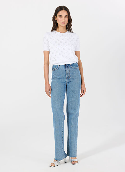 Guess Beyaz Kadın Yuvarlak Standart Baskılı Kazak JASMINE G CN SS BOXY - VISCOSE NYLO 2