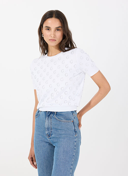 Guess Beyaz Kadın Yuvarlak Standart Baskılı Kazak JASMINE G CN SS BOXY - VISCOSE NYLO 3