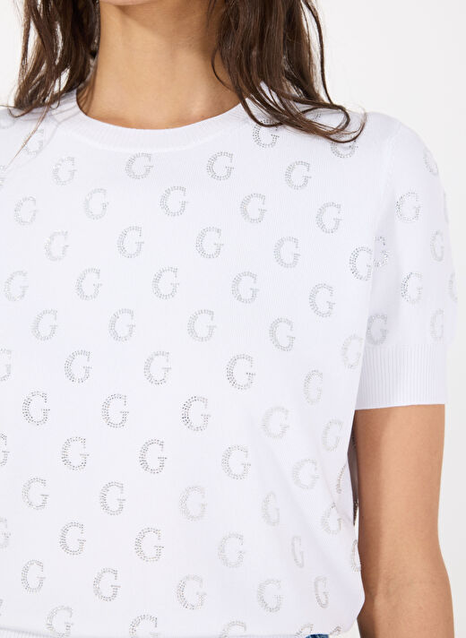 Guess Beyaz Kadın Yuvarlak Standart Baskılı Kazak JASMINE G CN SS BOXY - VISCOSE NYLO 4