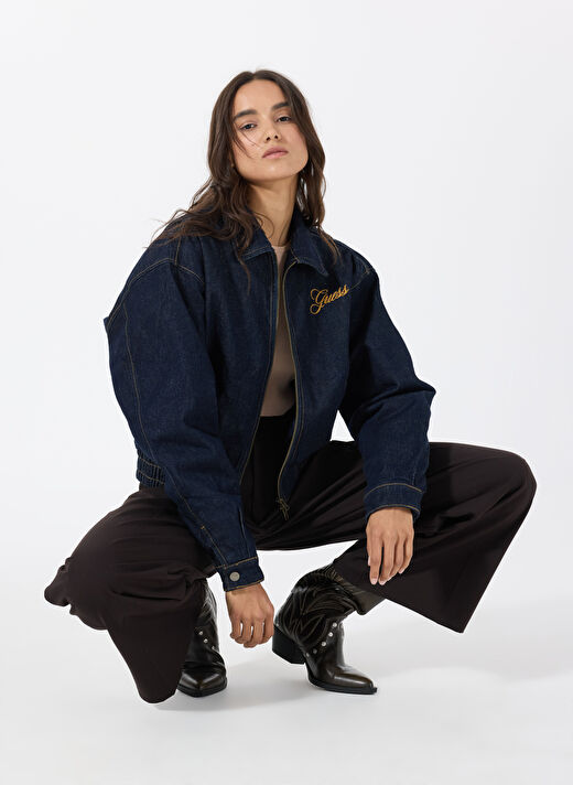 Guess Lacivert Kadın Regular Fit Gömlek GO DENIM BOMBER - CO RUFUS RG INDIG 1