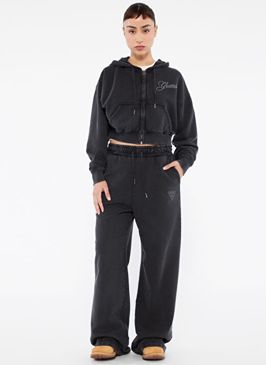 Guess Siyah Kadın Standart Sweatshirt GO RHINESTONE CROP H - ORGANIC COTT 1