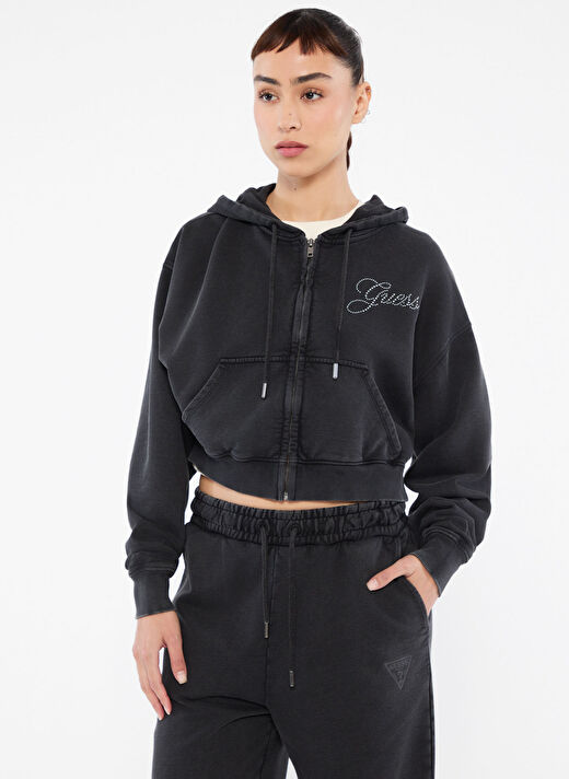 Guess Siyah Kadın Standart Sweatshirt GO RHINESTONE CROP H - ORGANIC COTT 2
