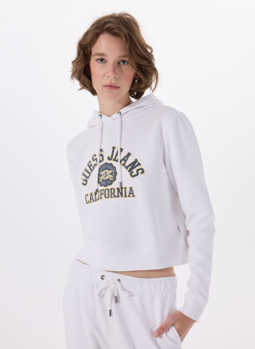 Guess Beyaz Kadın Standart Baskılı Sweatshirt GJ CROP HOOD PRINT S - MID ORGANIC 4