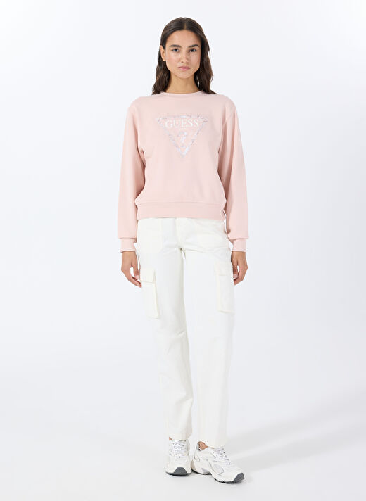 Guess Pembe Kadın Yuvarlak Standart Baskılı Sweatshirt CN PYTHON TRIANGLE L - RECYCLED CAN 2