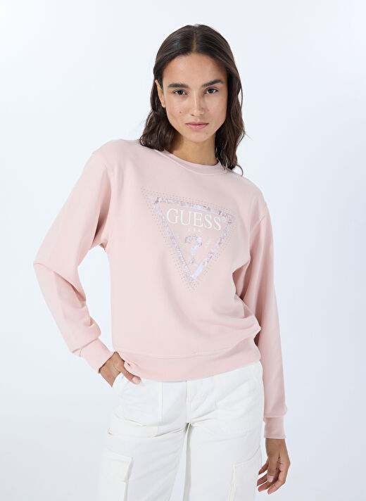 Guess Pembe Kadın Yuvarlak Standart Baskılı Sweatshirt CN PYTHON TRIANGLE L - RECYCLED CAN 3