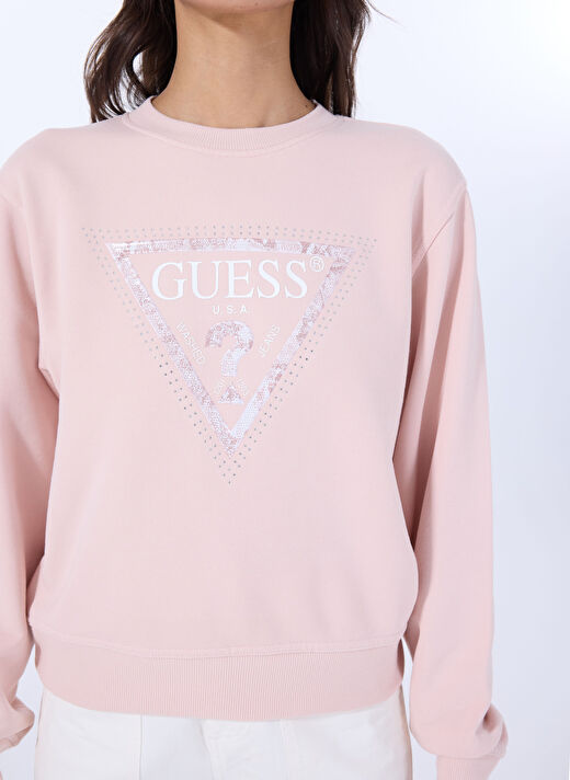 Guess Pembe Kadın Yuvarlak Standart Baskılı Sweatshirt CN PYTHON TRIANGLE L - RECYCLED CAN 4
