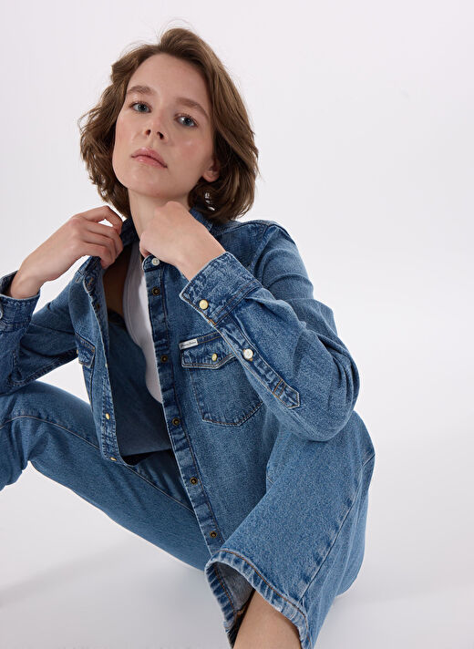 Guess Mavi Kadın Standart Gömlek GJ SLIM LS DENIM SHI - ECO ORG CO A 4