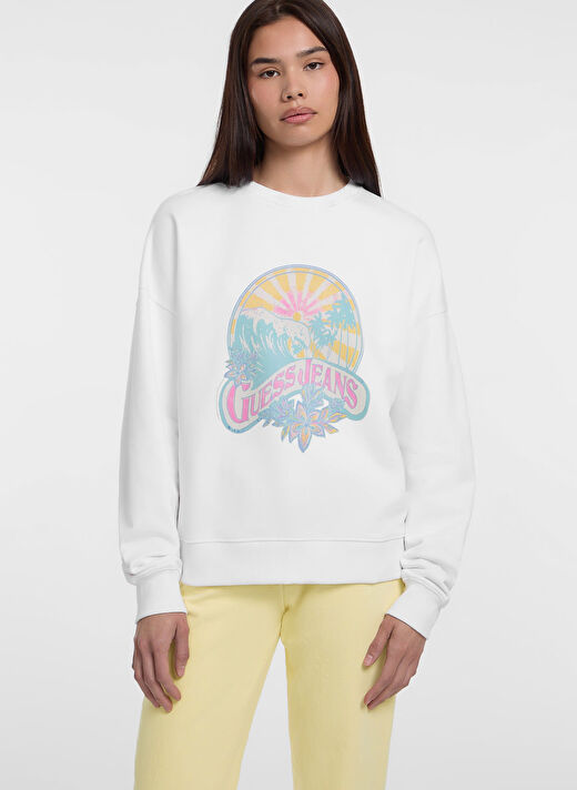Guess Beyaz Kadın Standart Baskılı Sweatshirt GJ CN OS SUNSET PRIN - MID ORGANIC 2
