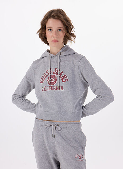 Guess Mavi Kadın Standart Baskılı Sweatshirt GJ CROP HOOD PRINT S - MID ORGANIC 4