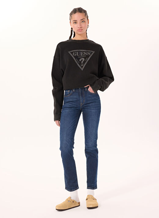 Guess Siyah Kadın Yuvarlak Standart Düz Sweatshirt GO VINTAGE TRIANGLE - ORGANIC CO RE 2