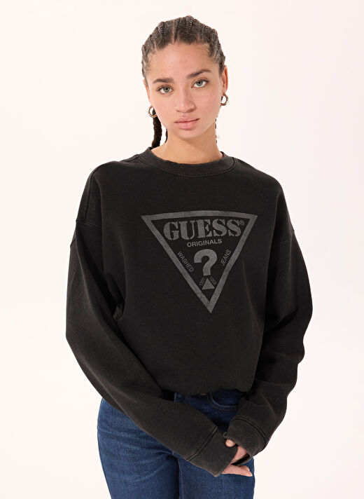Guess Siyah Kadın Yuvarlak Standart Düz Sweatshirt GO VINTAGE TRIANGLE - ORGANIC CO RE 3