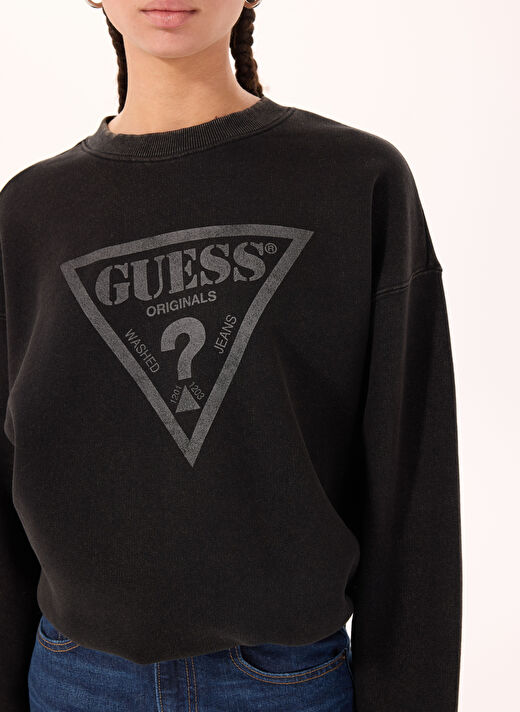 Guess Siyah Kadın Yuvarlak Standart Düz Sweatshirt GO VINTAGE TRIANGLE - ORGANIC CO RE 4