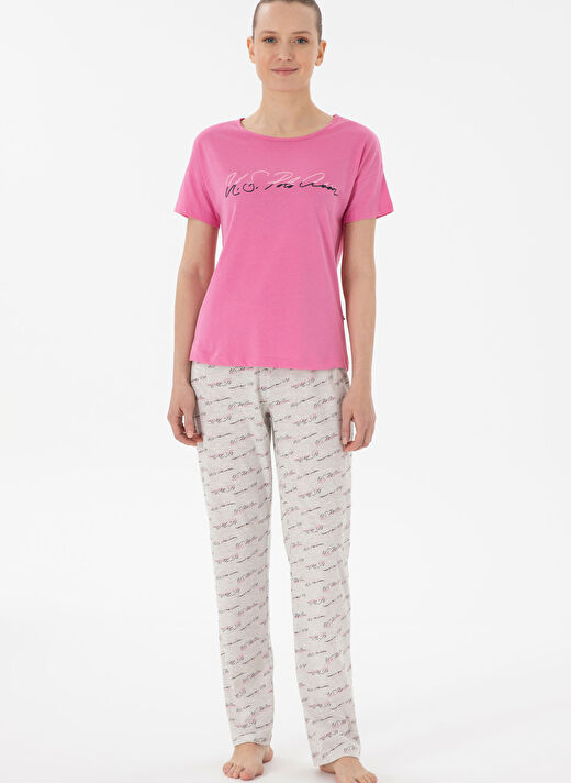U.S. Polo Assn. Fuşya Kadın Standart Pijama Takımı KISA KOL UZUN TAKIM 1