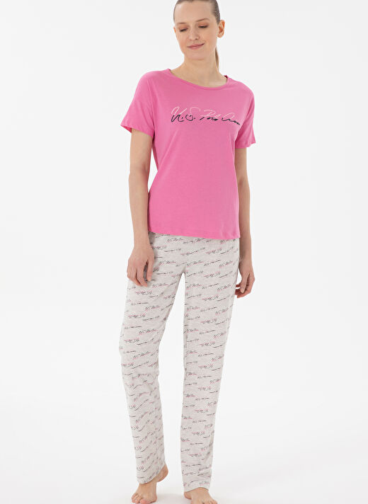 U.S. Polo Assn. Fuşya Kadın Standart Pijama Takımı KISA KOL UZUN TAKIM 4