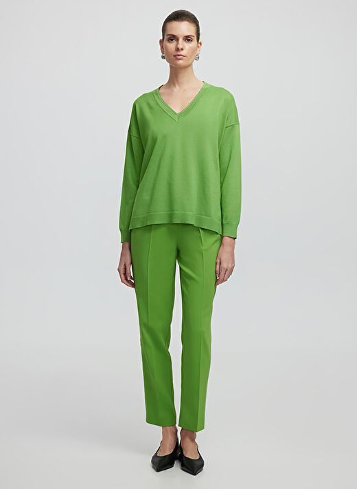 İpekyol Yeşil Kadın V Regular Fit Düz Kazak IS1250050085 1