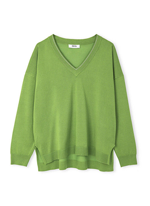 İpekyol Yeşil Kadın V Regular Fit Düz Kazak IS1250050085 2