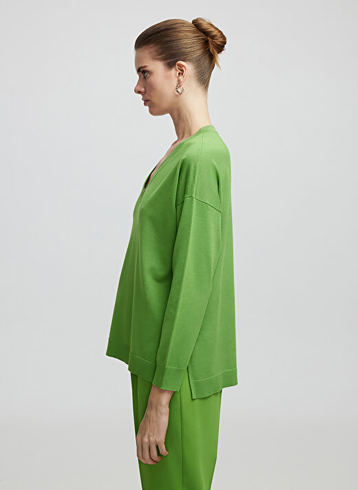 İpekyol Yeşil Kadın V Regular Fit Düz Kazak IS1250050085 3