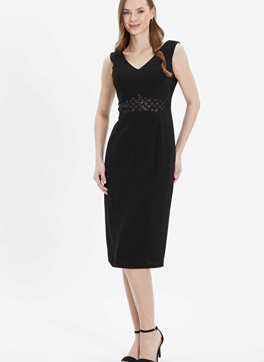 Siyah Kadın V Payetli Elbise 25YSL7584 2