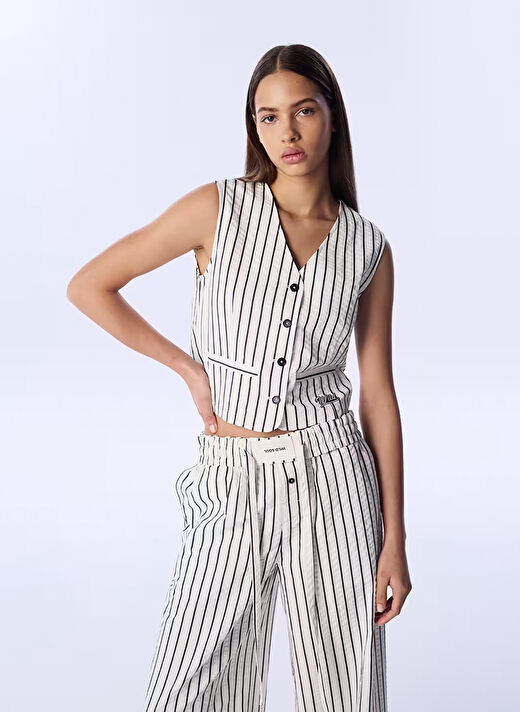 Twist Ekru Kadın Slim Fit Çizgili Yelek TS1250007034 2