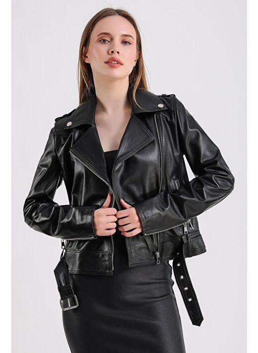 Milenni Kadın Deri Biker Ceket 2
